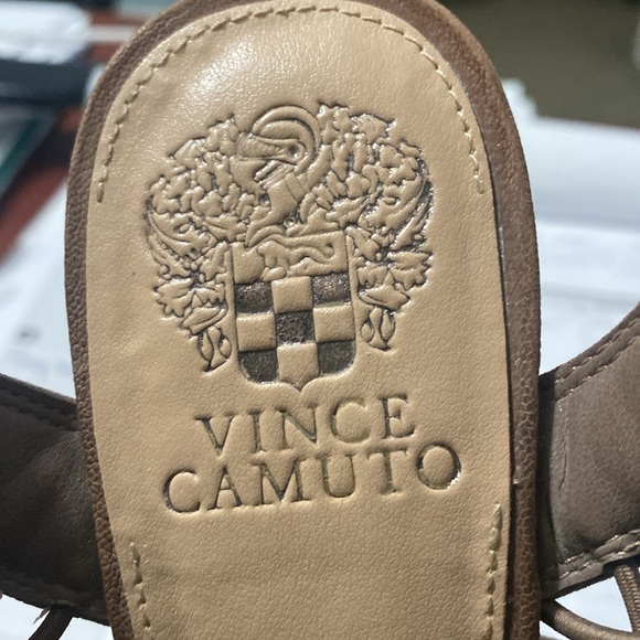 VINCE CAMUTO Sandals 8.5 Tan Leather Strappy Cage Ankle Buckle Stacked Cone Heel - Picture 10 of 12